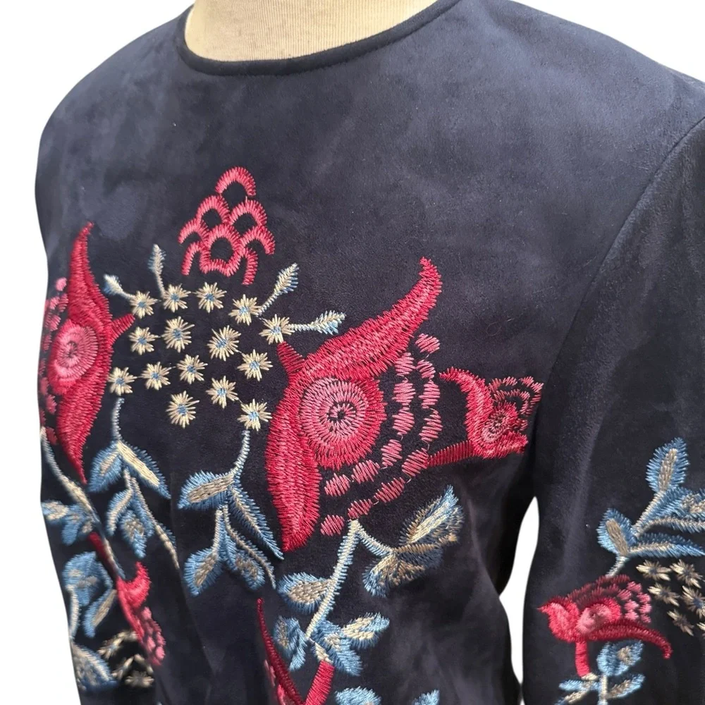 Zara Woman Faux Suede Embroidered Floral Navy Blue Top with 3/4 Sleeves Size S